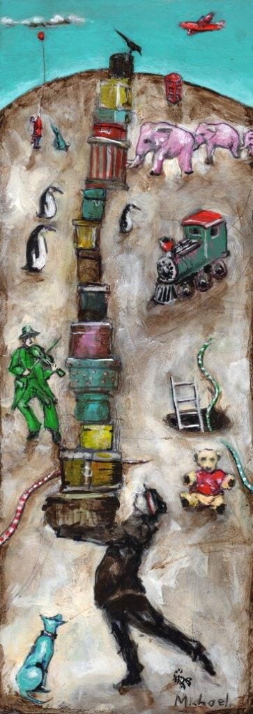 The Hat Box Man - Snakes & Ladders Edition, Acrylic on Panel, 14 x 5 inches, Paintings by Michael Hermesh, Michael Hermesh's New Show